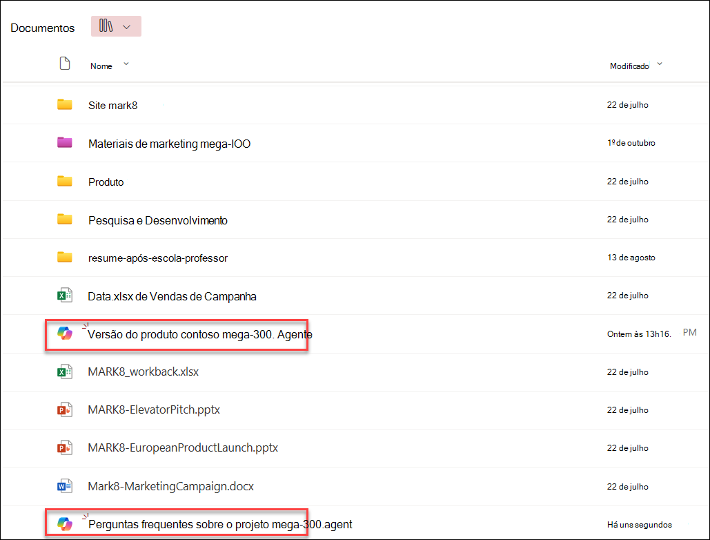 captura de tela dos agentes do Copilot salvos na pasta atual da biblioteca de documentos