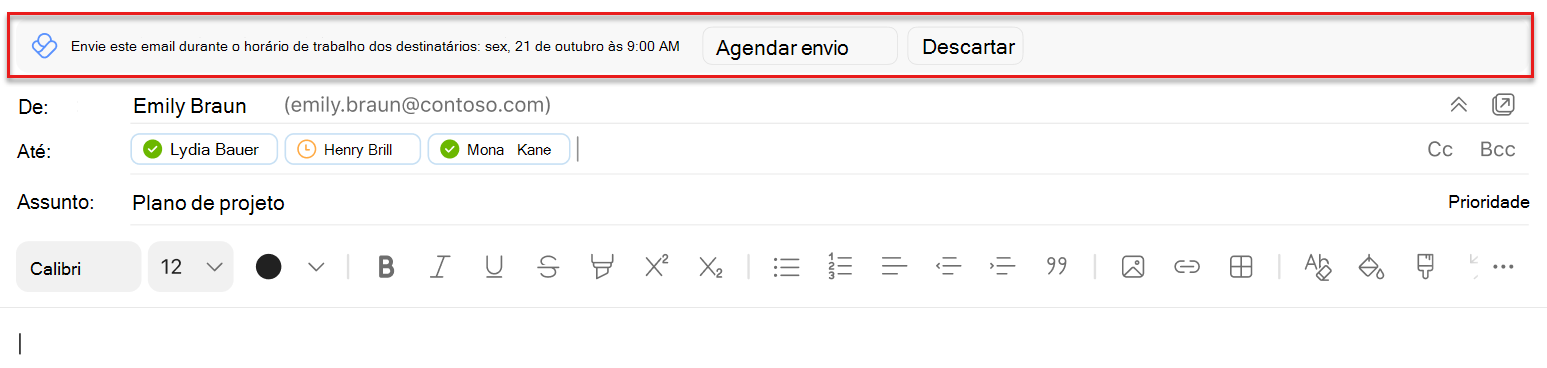 Captura de tela de uma sugestão de envio de agendamento no Outlook Mac realçada acima da linha De