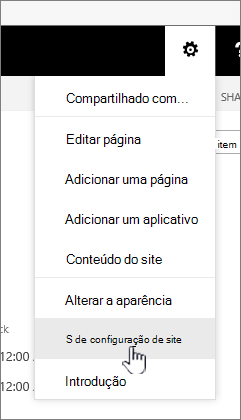 Opção configurações do site no botão Configurações