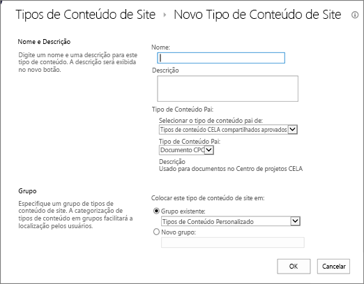 Caixa de diálogo de criação de tipos de conteúdo