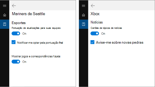 Configurações de notificação do bloco de anotações da Cortana
