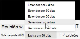 Menu de tempo de expiração da gravação