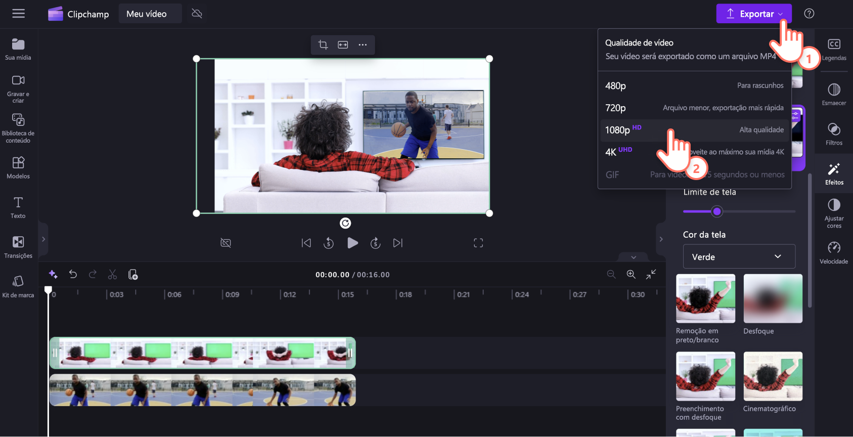 Imagem de um usuário do Clipchamp exportando um vídeo em tela verde em 1080p.