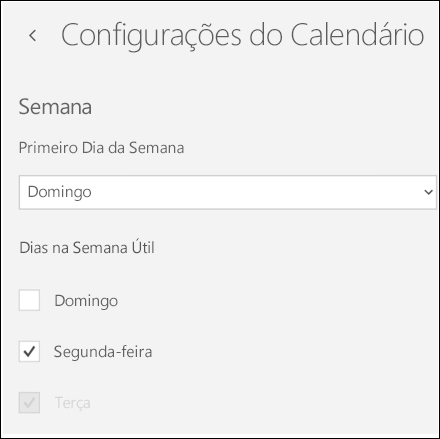Configurações de calendário no aplicativo Calendário