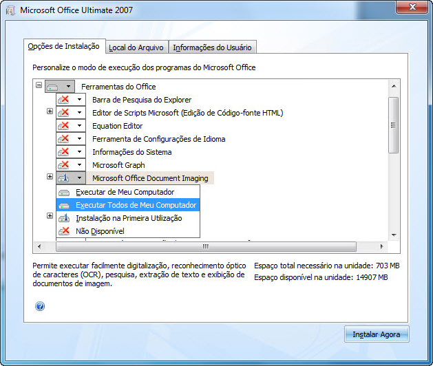 Captura de tela exibindo a localização do MODI durante a instalação do sistema do Office em 2007: