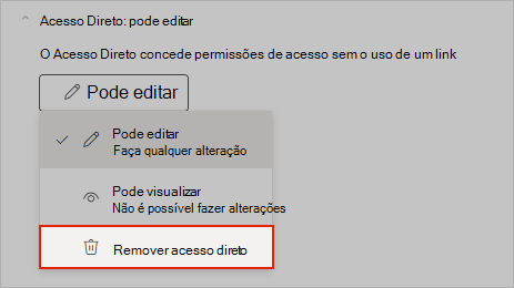 Captura de tela do OneNote mostrando como remover o acesso direto ao compartilhamento