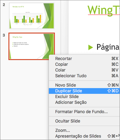 A captura de tela mostra um slide selecionado e a opção Duplicar Slide selecionada no menu de atalho.