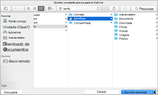 Captura de tela da escolha do local de uma pasta no assistente Bem-vindo ao OneDrive em um Mac