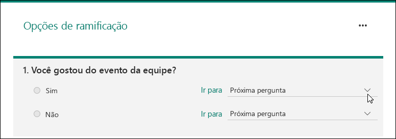 Página opções de ramificação