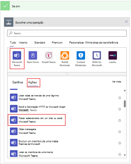 Definir uma ação na aplicação Fluxos de Trabalho do Teams