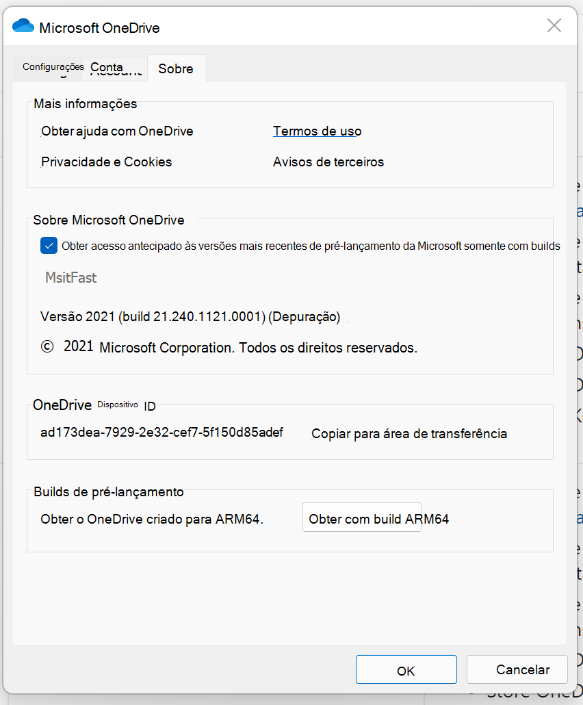 Captura de tela das configurações do OneDrive em um computador Windows.