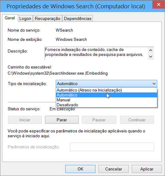 A captura de tela da caixa de diálogo Propriedades de Pesquisa do Windows mostra a configuração Automaticamente selecionada para tipo de inicialização.
