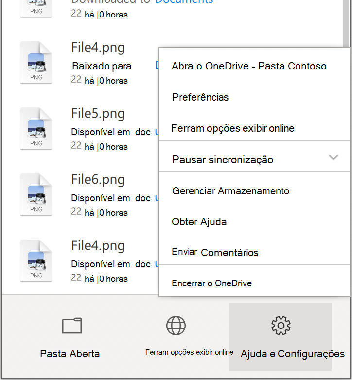 Mostra o menu Configurações & ajuda do OneDrive, com Preferências próximas à parte superior.