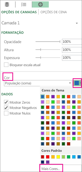 Download de cor na guia Opções da camada de configurações