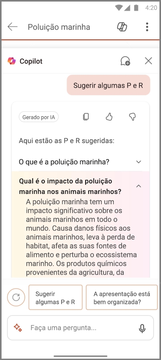 Captura de tela do Copilot no PowerPoint no Android com os resultados da solicitação Sugerir algumas perguntas e respostas