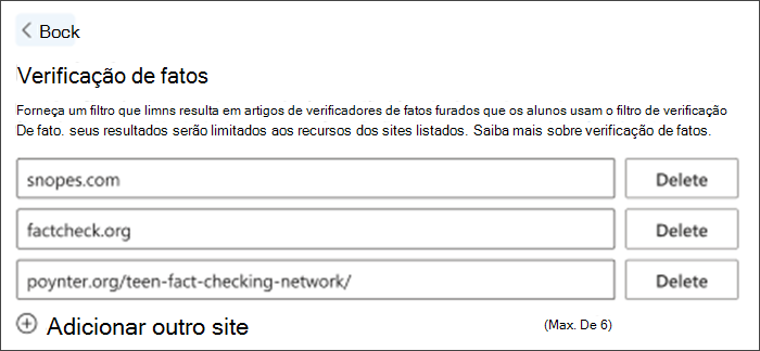 Captura de tela da opção de verificação de fatos nas configurações. Três sites de verificação de fatos padrão estão listados – eles podem ser excluídos e outros podem ser adicionados para atender às necessidades de professores