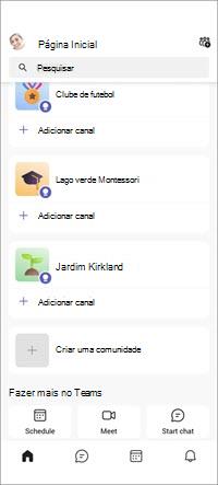 Tela móvel de comunidades gratuitas do Teams