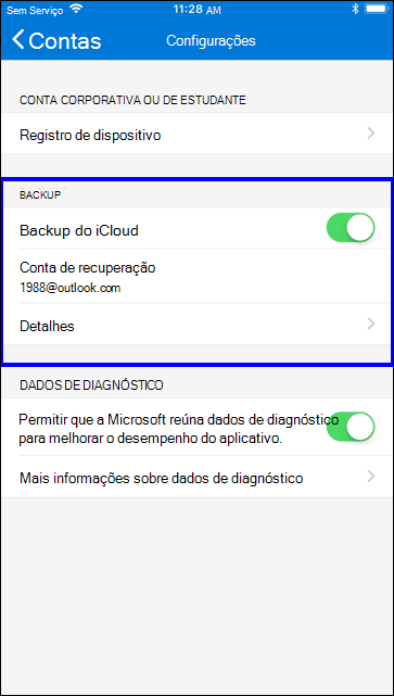 Tela de configurações do iOS mostrando o local das configurações de backup do iCloud