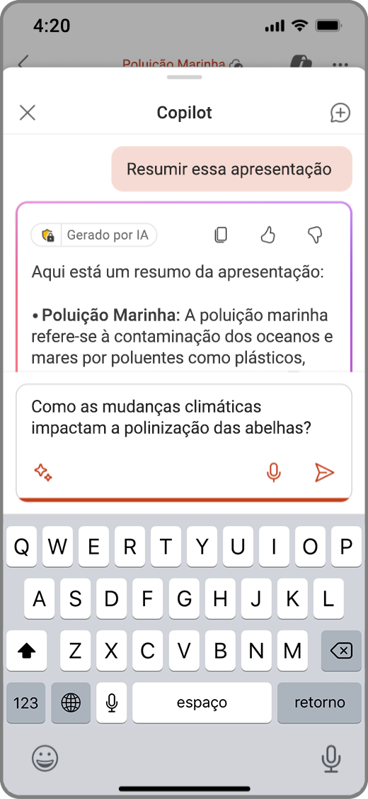 Captura de tela do Copilot no PowerPoint em um dispositivo iOS com uma solicitação na caixa de composição