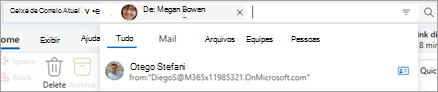 Introduza texto na barra de pesquisa para revelar sugestões de âmbito de pesquisa, como Todos, Correio, Ficheiros, Teams e Pessoas.