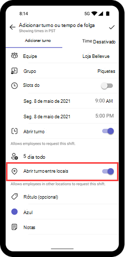 Captura de ecrã a mostrar o botão de alternar Abrir shift entre localizações para um turno em dispositivos móveis.