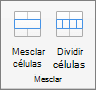 A captura de tela mostra o grupo Merge disponível na guia Layout da tabela, com as opções Mesclar Células e Dividir Células.