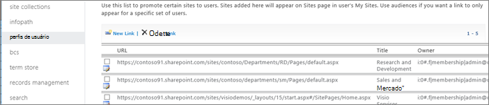 Captura de tela de configurações gerenciar sites promovidos