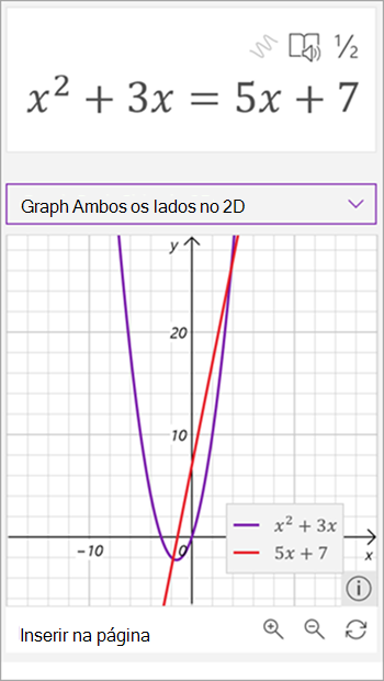 captura de tela do grafo gerado pelo assistente de matemática para a equação x ao quadrado mais 3 x é igual a 5 x mais sete. uma linha é mostrada em vermelho e uma parábola em roxo