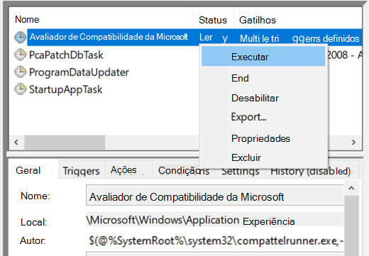 Executando o Avaliador de Compatibilidade da Microsoft no Agendador de Tarefas.