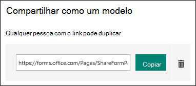 Um link de URL de modelo de formulário ao lado de um botões copiar e excluir.