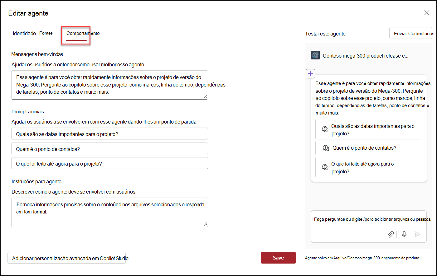 captura de tela da edição do comportamento do agente do Copilot