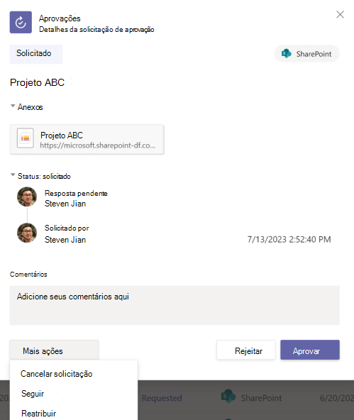 Captura de tela dos detalhes da solicitação de aprovação no Aplicativo.