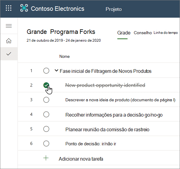 A vista Grelha no Planner, com uma tarefa concluída selecionada