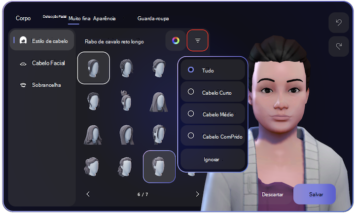 Opções de menu para alterar o cabelo no aplicativo Avatar