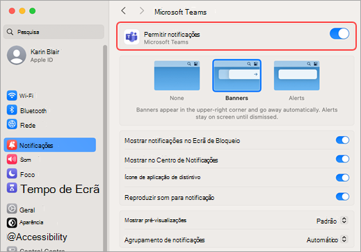 As definições do sistema Mac permitem notificações do Microsoft Teams