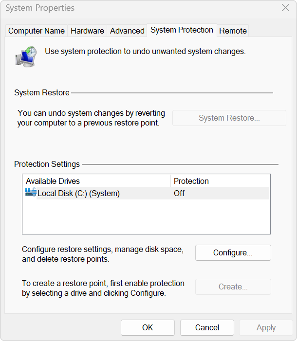 Captura de tela das configurações de Proteção do Sistema.