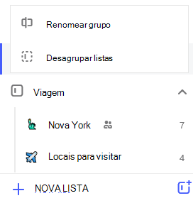 Captura de tela do grupo lista de viagens e menu Editar abrir com opção para renomear listas agrupar e desagrupar