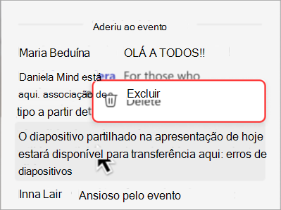 Captura de tela mostrando como excluir uma mensagem de um chat da prefeitura.