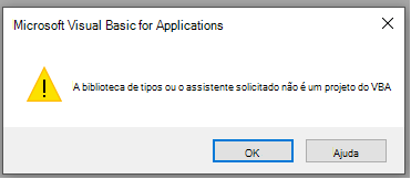 Captura de tela do erro na janela Microsoft Visual Basic for Applications