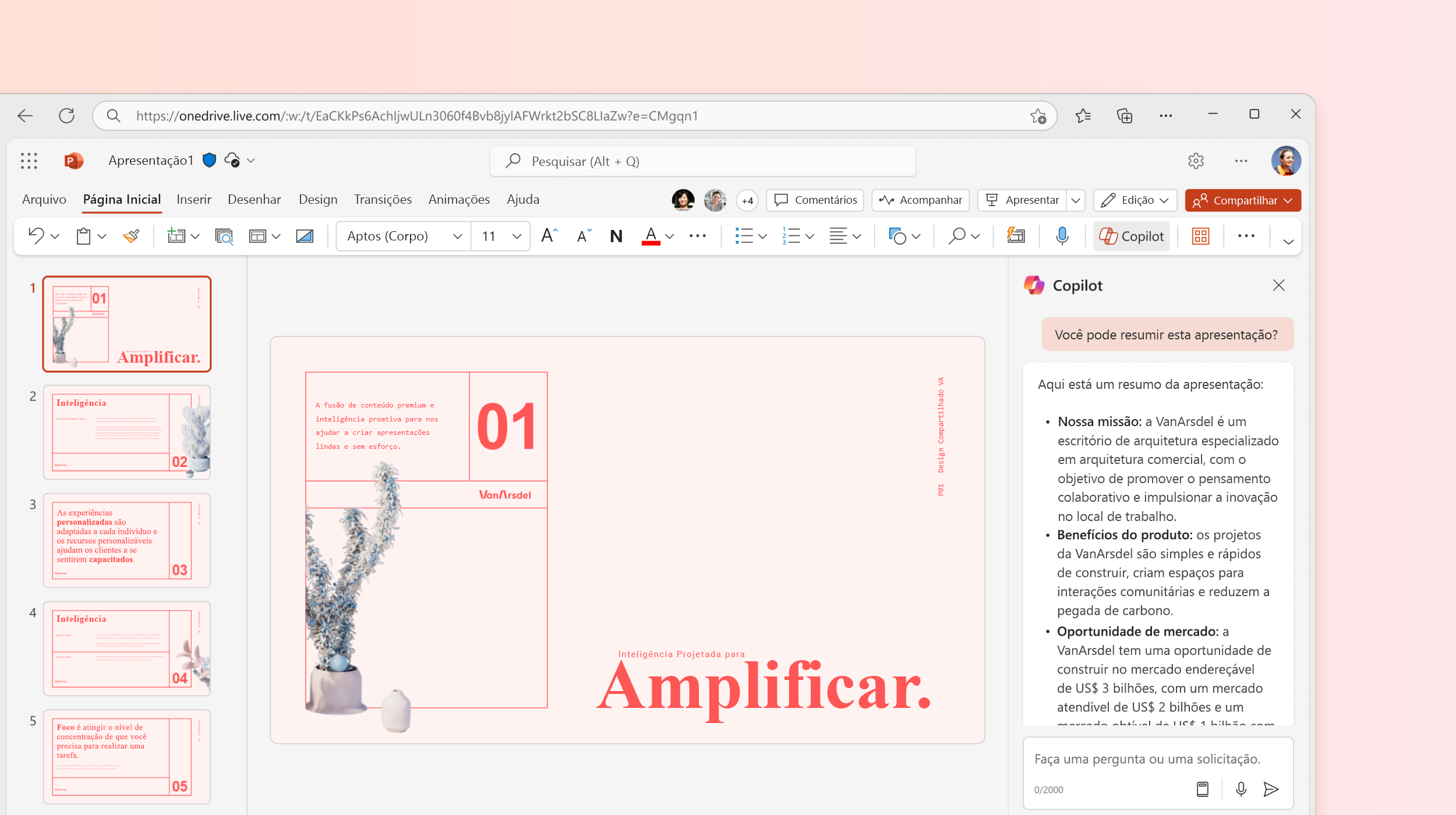 A captura de tela mostra o Copilot no PowerPoint resumindo a apresentação.