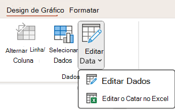 As opções Editar Dados na guia Design de Gráfico contextual no PowerPoint.
