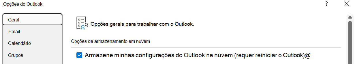 "Armazenar minhas configurações do Outlook na nuvem (requer reiniciar o Outlook)" deve ser habilitado se o usuário quiser importar suas configurações para o novo Outlook para Windows