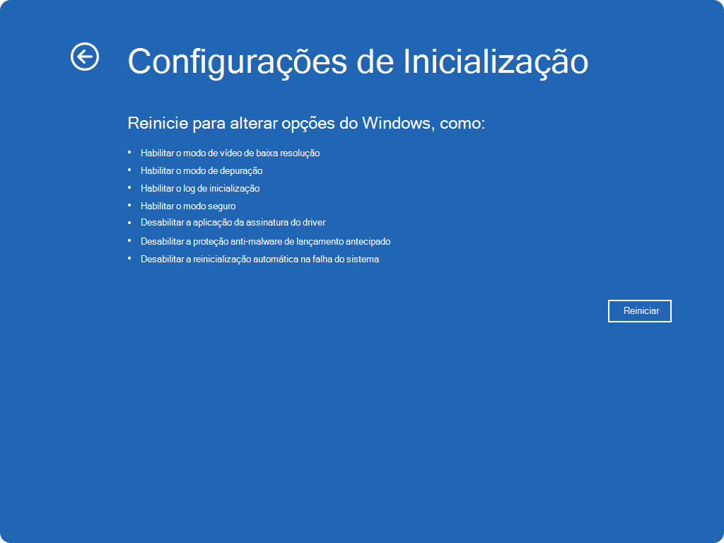 Captura de tela do Windows RE – configurações de inicialização.