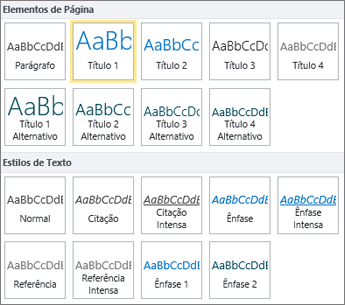 Captura de tela de elementos de página e estilos de texto estão disponíveis no grupo estilos na faixa de opções do SharePoint Online.