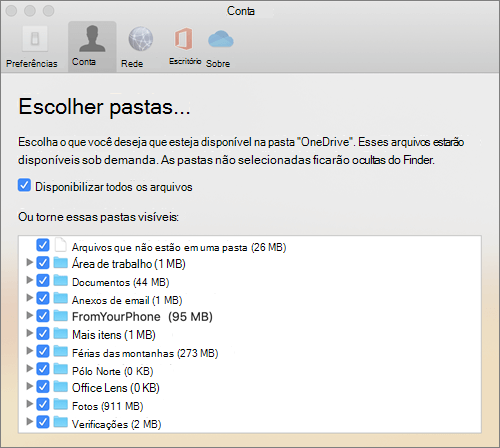 A caixa de diálogo Escolher Pastas na janela OneDrive para Mac Preferências