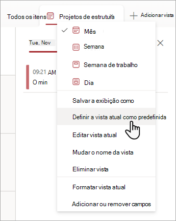 Captura de tela mostrando como escolher o comando Definir a exibição atual como padrão no Listas.