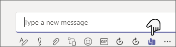 Captura de tela do Teams destacando o botão compartilhar Viva Learning ao longo da parte inferior das novas opções de mensagem, juntamente com Formato de Texto, Anexar arquivos, emojis, GIFs e muito mais.