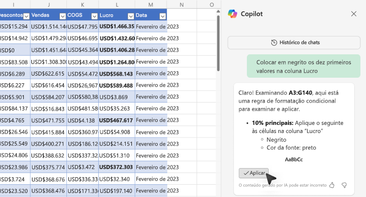 Captura de tela de como colocar valores em negrito usando o Copilot no Excel.