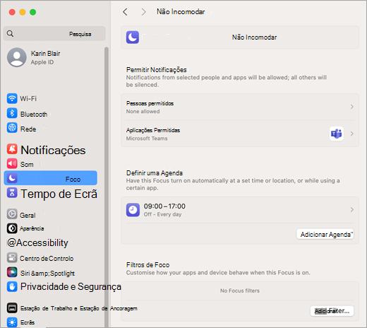 Definições do sistema Mac para a Hora de concentração e Notificações não incomodar