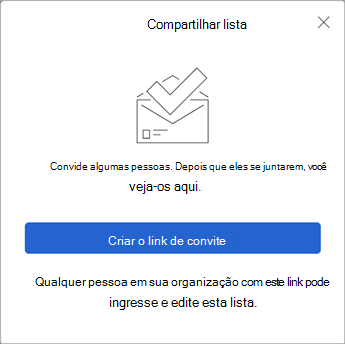 Quando seleciona Partilhar Lista, o To Do cria uma ligação de convite para enviar a outras pessoas.